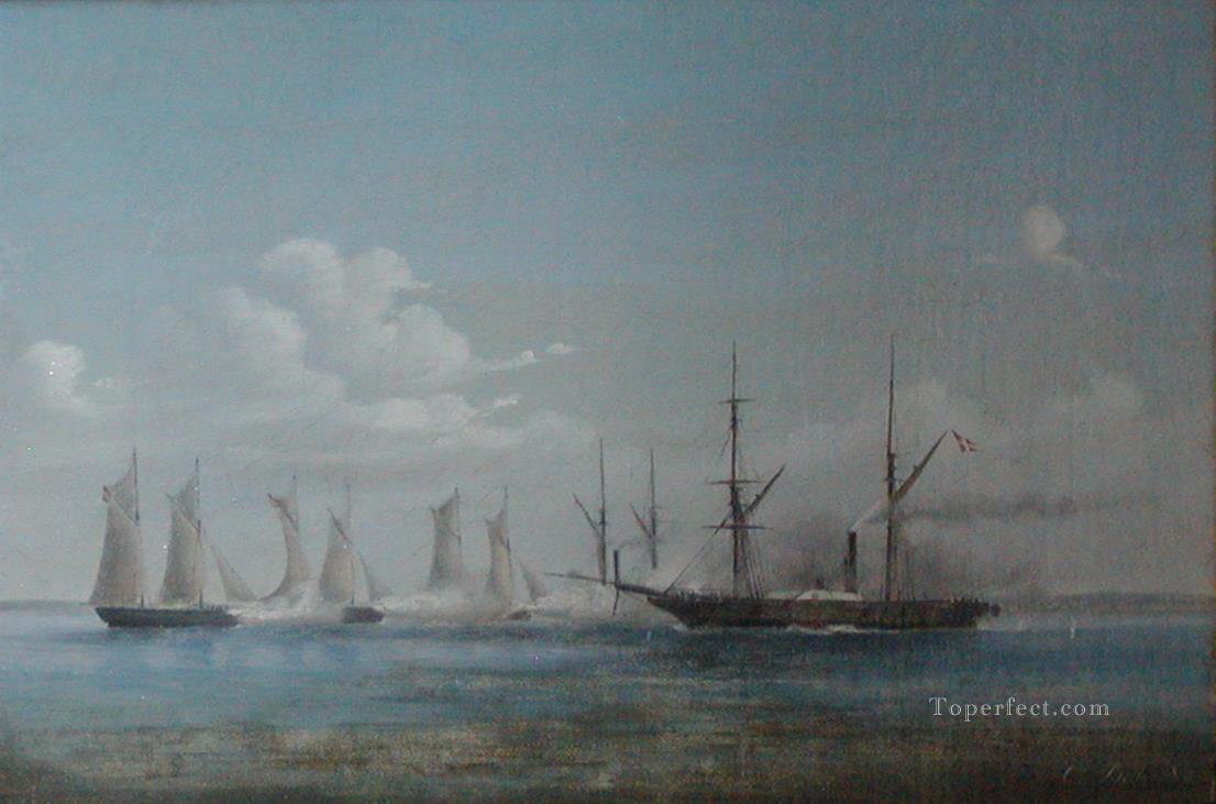 Orlogsskibet Hekla i kamp med tyske kanonbade 1850 年 8 月 16 日の海戦油絵